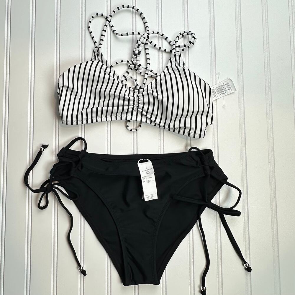 Cupshe Women Black White Stripe Bikini Set Braided Tie Side S NWT